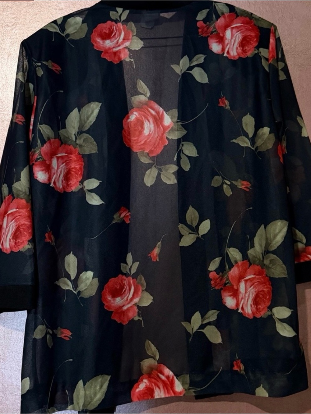 Haband Black Sheer Floral Kimono with Red Roses - Picture 2 of 6